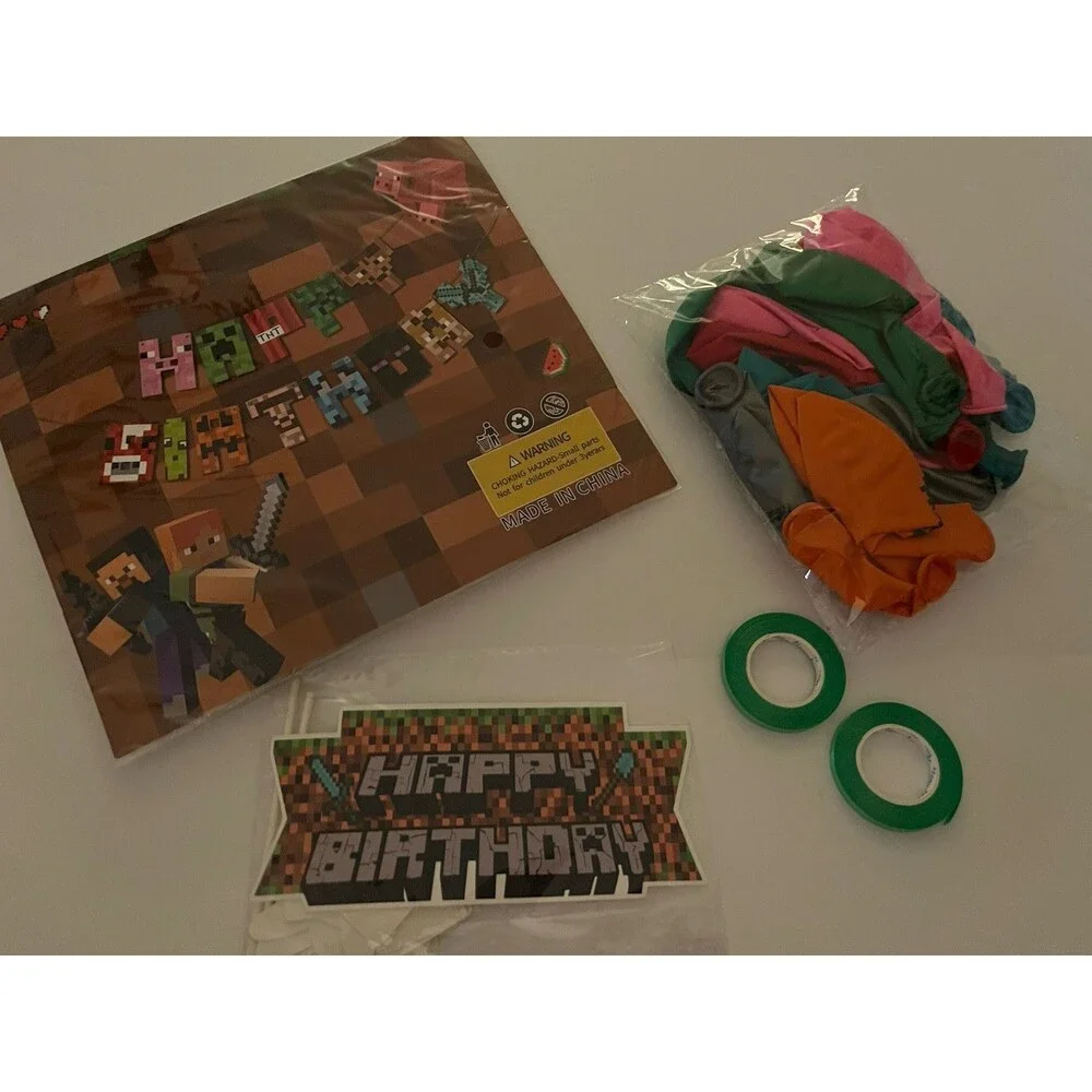 Pixel Birthday Decor Set for Kids Banner, Balloons, Cake Toppers and Ribbon Set